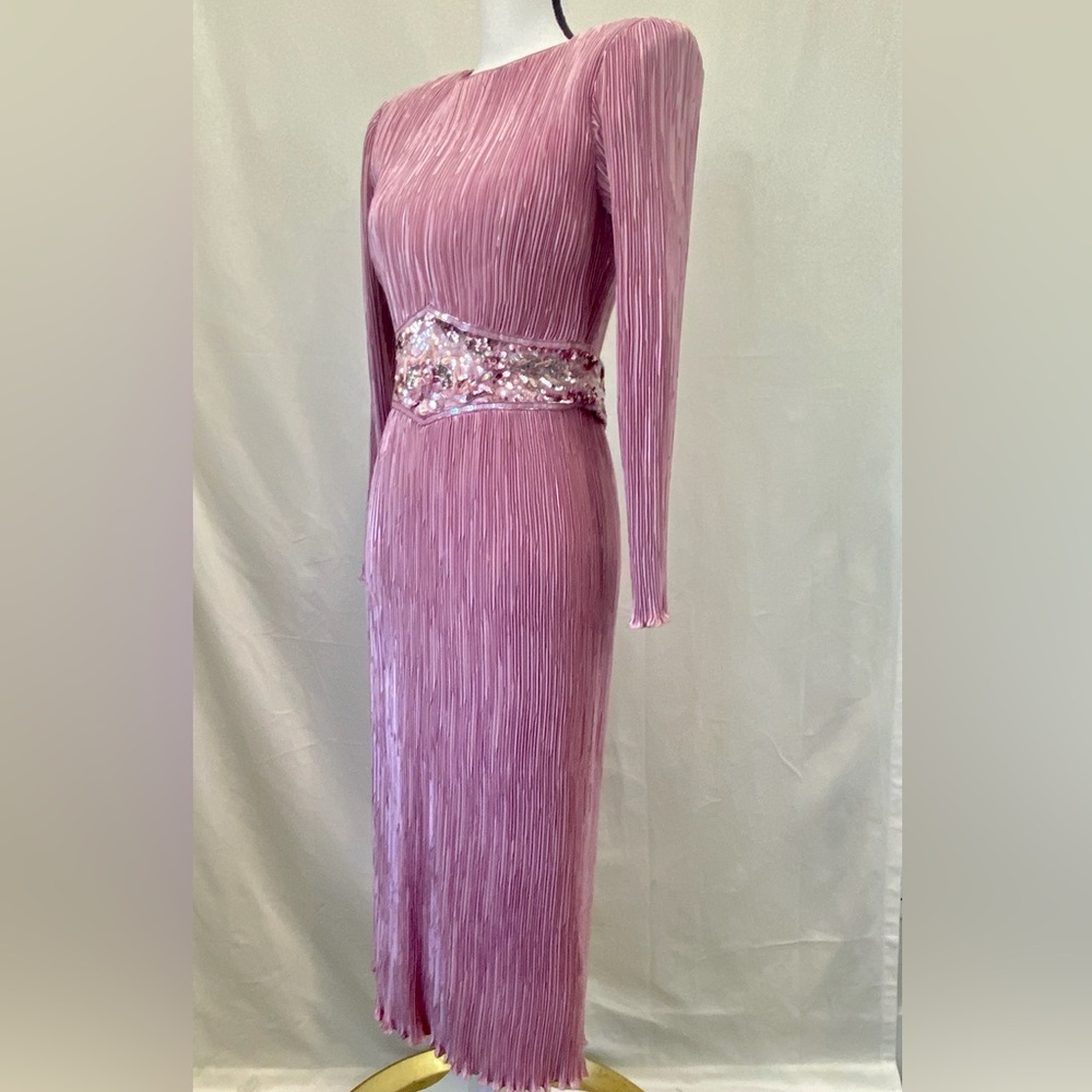 NUIT Vintage 1980s Pink Mauve Micro Pleated Dress Beaded Embellished Waist sz 8 - Picture 6 of 17